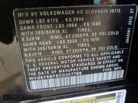 ✅ 2013 Volkswagen Touareg Exec • VIN: WVGEF9BP6DD007788 • Lot: 54606555. Listed on Copart with 167,879 mi. Free auction sales archive from the USA and detailed vehicle history report at DreamBid. Image 14.