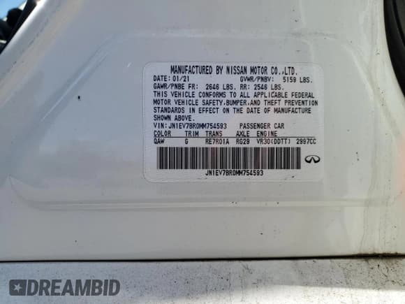 ✅ 2021 Infiniti Q50 Luxe • VIN: JN1EV7BR0MM754593 • Lot: 85275645. Listed on Copart with 14,990 mi. Free auction sales archive from the USA and detailed vehicle history report at DreamBid. Image 12.