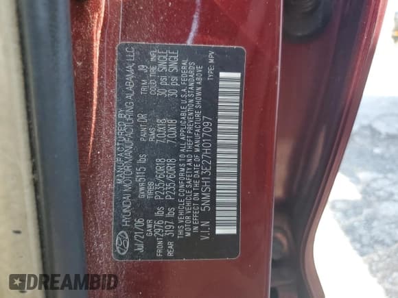 ✅ 2007 Hyundai Santa Fe SE • VIN: 5NMSH13E27H017097 • Lot: 69266534. Listed on Copart with 105,039 mi. Free auction sales archive from the USA and detailed vehicle history report at DreamBid. Image 13.