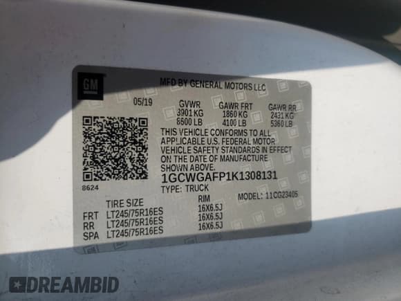 ✅ 2019 Chevrolet Express Cargo • VIN: 1GCWGAFP1K1308131 • Lot: 68938415. Listed on Copart with 148,402 mi. Free auction sales archive from the USA and detailed vehicle history report at DreamBid. Image 13.