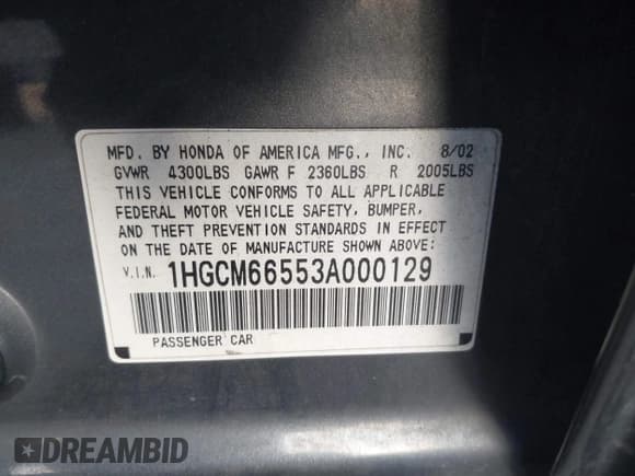 ✅ 2003 Honda Accord EX • VIN: 1HGCM66553A000129 • Lot: 43796572. Listed on IAAI with 170,560 mi. Free auction sales archive from the USA and detailed vehicle history report at DreamBid. Image 9.