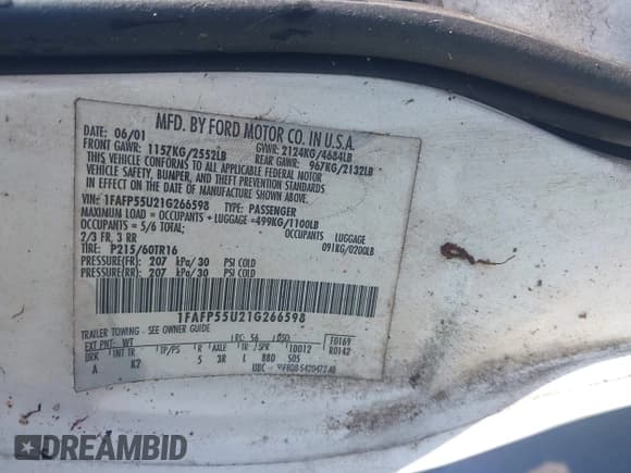 ✅ 2001 Ford Taurus SES • VIN: 1FAFP55U21G266598 • Lot: 43221102. Listed on IAAI with 313,632 mi. Free auction sales archive from the USA and detailed vehicle history report at DreamBid. Image 9.