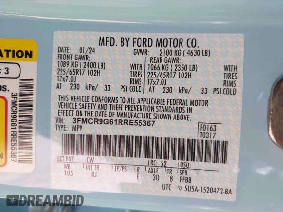 ✅ 2024 Ford Bronco Sport Heritage • VIN: 3FMCR9G61RRE55367 • Lot: 41681678. Listed on IAAI with 1,830 mi. Free auction sales archive from the USA and detailed vehicle history report at DreamBid. Image 9.