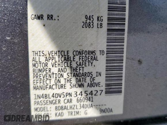 ✅ 2023 Nissan Altima SV • VIN: 1N4BL4DV5PN345427 • Lot: 85513995. Listed on Copart with 69,711 mi. Free auction sales archive from the USA and detailed vehicle history report at DreamBid. Image 12.