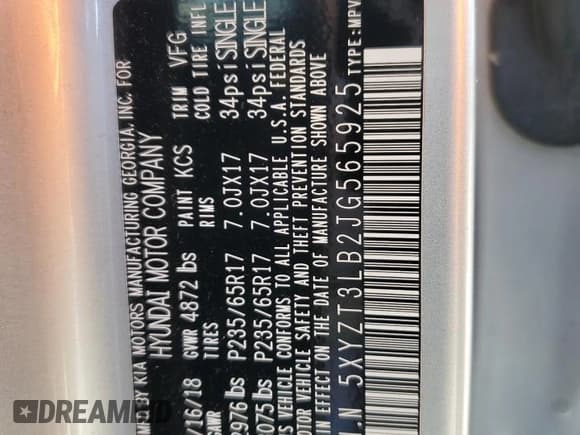 ✅ 2018 Hyundai Santa Fe 2.4L • VIN: 5XYZT3LB2JG565925 • Лот: 57539894. Опубликован ранее на Copart с пробегом 86 115 миль. Бесплатный доступ к архиву аукционных продаж из США и подробный отчёт об истории автомобиля на DreamBid. Изображение 13.