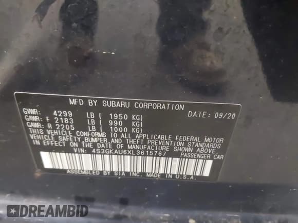 ✅ 2020 Subaru Impreza Limited • VIN: 4S3GKAU6XL3615767 • Лот: 43447165. Опубликован ранее на IAAI с пробегом 63 407 миль. Бесплатный доступ к архиву аукционных продаж из США и подробный отчёт об истории автомобиля на DreamBid. Изображение 9.