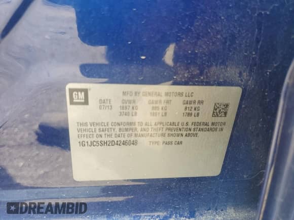 2013 Chevrolet Sonic LT с VIN 1G1JC5SH2D4246048, выставлен на аукционе Copart как лот 67592714 с пробегом 129 847 миль миль и Списание • Salvage title. История ставок и продаж доступна на DreamBid. Изображение 13.