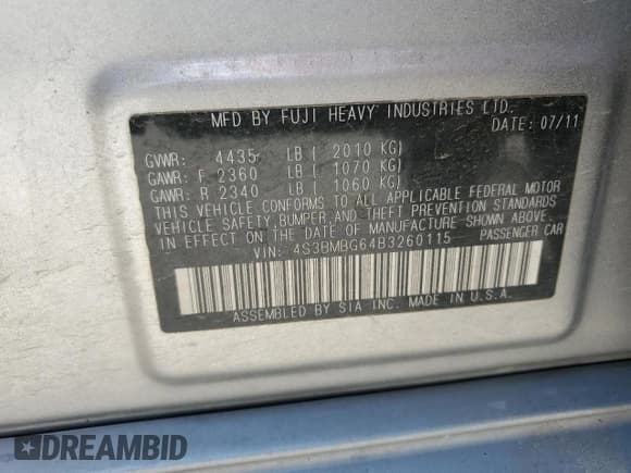 ✅ 2011 Subaru Legacy Premium Power Moon • VIN: 4S3BMBG64B3260115 • Лот: 82544235. Опубликован ранее на Copart с пробегом 162 813 миль. Бесплатный доступ к архиву аукционных продаж из США и подробный отчёт об истории автомобиля на DreamBid. Изображение 12.