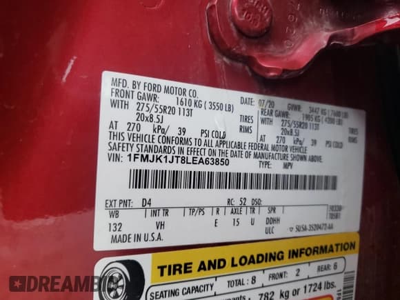 ✅ 2020 Ford Expedition Max XLT • VIN: 1FMJK1JT8LEA63850 • Lot: 58080985. Listed on Copart with 112,633 mi. Free auction sales archive from the USA and detailed vehicle history report at DreamBid. Image 13.