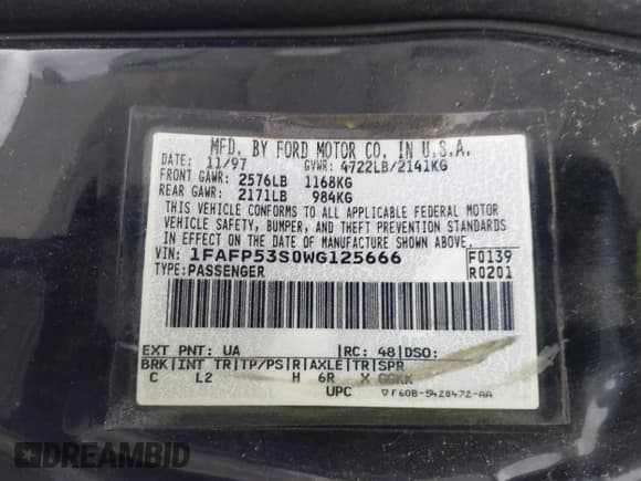 ✅ 1998 Ford Taurus SE Comfort • VIN: 1FAFP53S0WG125666 • Lot: 43381901. Wystawiony na IAAI z przebiegiem 196 646 mil. Bezpłatny archiwum sprzedaży aukcyjnych z USA i szczegółowy raport historii pojazdu na DreamBid. Zdjęcie 9.