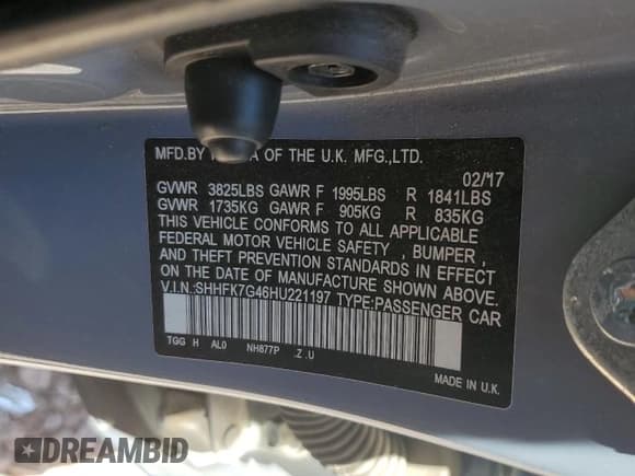 ✅ 2017 Honda Civic Sport • VIN: SHHFK7G46HU221197 • Лот: 61178895. Опубликован ранее на Copart с пробегом 76 364 миль. Бесплатный доступ к архиву аукционных продаж из США и подробный отчёт об истории автомобиля на DreamBid. Изображение 12.