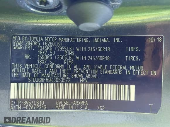 ✅ 2019 Toyota Highlander Hybrid XLE • VIN: 5TDJGRFH9KS053572 • Лот: 43181694. Опубликован ранее на IAAI с пробегом 96 093 миль. Бесплатный доступ к архиву аукционных продаж из США и подробный отчёт об истории автомобиля на DreamBid. Изображение 9.