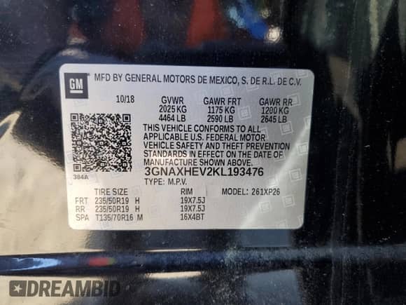 ✅ 2019 Chevrolet Equinox LS • VIN: 3GNAXHEV2KL193476 • Лот: 86276065. Опубликован ранее на Copart с пробегом 118 750 миль. Бесплатный доступ к архиву аукционных продаж из США и подробный отчёт об истории автомобиля на DreamBid. Изображение 13.