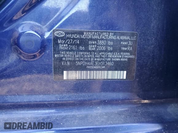 ✅ 2014 Hyundai Elantra SE • VIN: 5NPDH4AE3EH513460 • Lot: 89517145. Listed on Copart with Not provided. Free auction sales archive from the USA and detailed vehicle history report at DreamBid. Image 12.