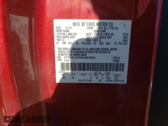 ✅ 2014 Ford F-150 XL • VIN: 1FTFX1CF5EKD01872 • Lot: 42022665. Listed on Copart with 211,674 mi. Free auction sales archive from the USA and detailed vehicle history report at DreamBid. Image 12.