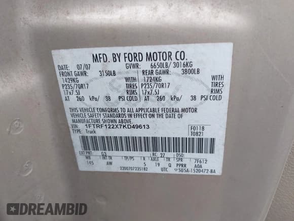 ✅ 2007 Ford F-150 XL • VIN: 1FTRF122X7KD49613 • Lot: 43041032. Listed on IAAI with 323,686 mi. Free auction sales archive from the USA and detailed vehicle history report at DreamBid. Image 9.