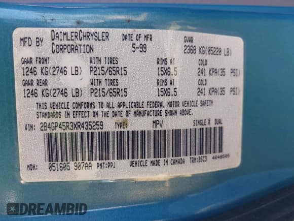 ✅ 1999 Dodge Caravan SE • VIN: 2B4GP45R3XR435259 • Lot: 43821383. Listed on IAAI with 112,156 mi. Free auction sales archive from the USA and detailed vehicle history report at DreamBid. Image 9.