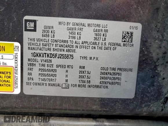 ✅ 2015 GMC Acadia Denali • VIN: 1GKKVTKD5FJ255875 • Lot: 94368615. Listed on Copart with 144,131 mi. Free auction sales archive from the USA and detailed vehicle history report at DreamBid. Image 13.