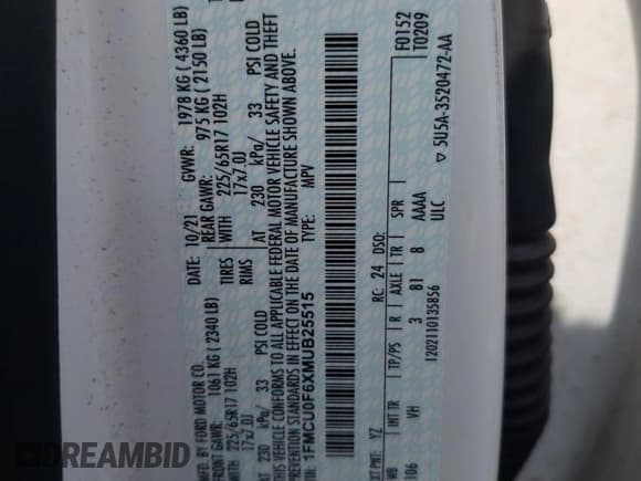 ✅ 2021 Ford Escape S • VIN: 1FMCU0F6XMUB25515 • Лот: 67441215. Опубликован ранее на Copart с пробегом 17 325 миль. Бесплатный доступ к архиву аукционных продаж из США и подробный отчёт об истории автомобиля на DreamBid. Изображение 13.