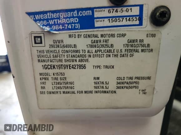 2000 Chevrolet Silverado 1500 LT с VIN 1GCEK19T9YE427856, выставлен на аукционе Copart как лот 56913105 с пробегом Не указан миль и Списание • Salvage title. История ставок и продаж доступна на DreamBid. Изображение 13.