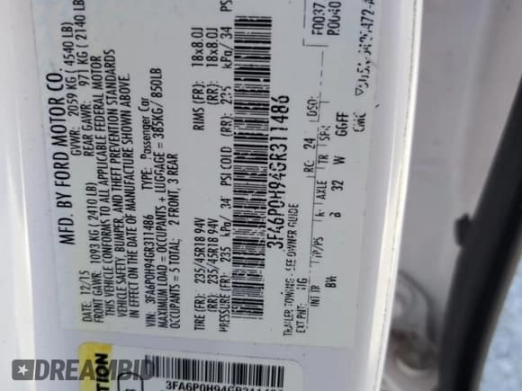 ✅ 2016 Ford Fusion SE • VIN: 3FA6P0H94GR311486 • Lot: 93177665. Listed on Copart with 136,026 mi. Free auction sales archive from the USA and detailed vehicle history report at DreamBid. Image 12.