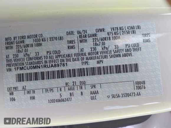 ✅ 2024 Ford Escape ST-Line • VIN: 1FMCU0MN1RUA89781 • Лот: 43157081. Опубликован ранее на IAAI с пробегом 12 699 миль. Бесплатный доступ к архиву аукционных продаж из США и подробный отчёт об истории автомобиля на DreamBid. Изображение 9.