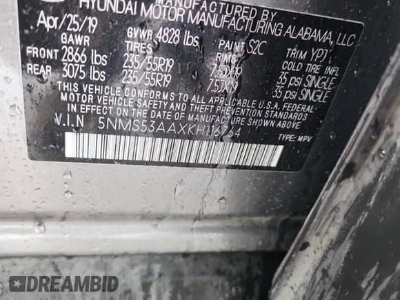 2019 Hyundai Santa Fe Limited with VIN 5NMS53AAXKH116764, listed as a Copart auction lot 81682785 with 106,885 mi miles and Salvage title. Bid and sale history available at DreamBid. Image 13.