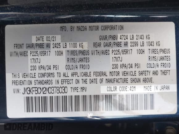 ✅ 2021 Mazda CX-5 Carbon Edition • VIN: JM3KFBCM2M0378030 • Lot: 42720673. Wystawiony na IAAI z przebiegiem 60 788 mil. Bezpłatny archiwum sprzedaży aukcyjnych z USA i szczegółowy raport historii pojazdu na DreamBid. Zdjęcie 9.