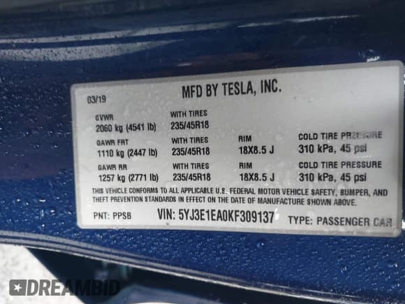 ✅ 2019 Tesla Model 3 Mid Range • VIN: 5YJ3E1EA0KF309137 • Лот: 43230455. Опубликован ранее на IAAI с пробегом 45 991 миль. Бесплатный доступ к архиву аукционных продаж из США и подробный отчёт об истории автомобиля на DreamBid. Изображение 9.