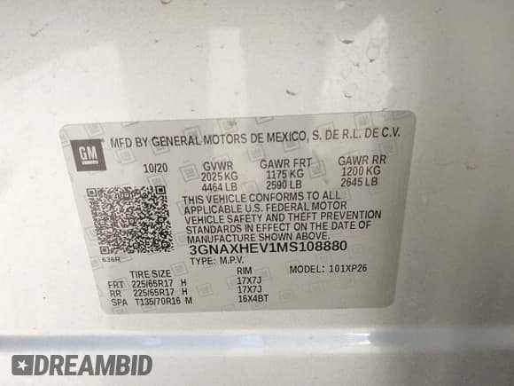 ✅ 2021 Chevrolet Equinox LS • VIN: 3GNAXHEV1MS108880 • Lot: 43571000. Listed on IAAI with 157,117 mi. Free auction sales archive from the USA and detailed vehicle history report at DreamBid. Image 9.