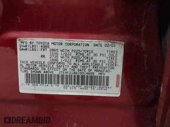 2001 Toyota Highlander с VIN JTEHF21A610014695, выставлен на аукционе IAAI как лот 42611815 с пробегом 211 433 миль миль и . История ставок и продаж доступна на DreamBid. Изображение 9.