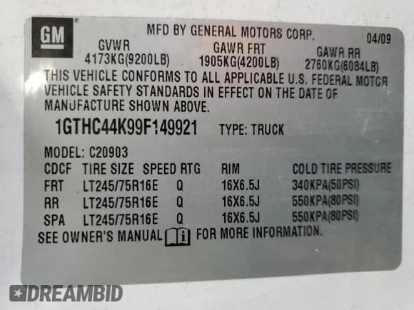 ✅ 2009 GMC Sierra 1500 • VIN: 1GTHC44K99F149921 • Lot: 42698865. Wystawiony na Copart z przebiegiem 251 415 mil. Bezpłatny archiwum sprzedaży aukcyjnych z USA i szczegółowy raport historii pojazdu na DreamBid. Zdjęcie 12.