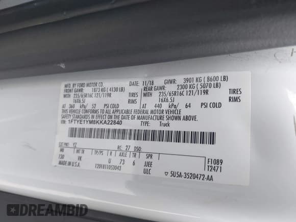 ✅ 2019 Ford Transit • VIN: 1FTYE1YM8KKA22840 • Лот: 42421355. Опубликован ранее на IAAI с пробегом 136 288 миль. Бесплатный доступ к архиву аукционных продаж из США и подробный отчёт об истории автомобиля на DreamBid. Изображение 9.