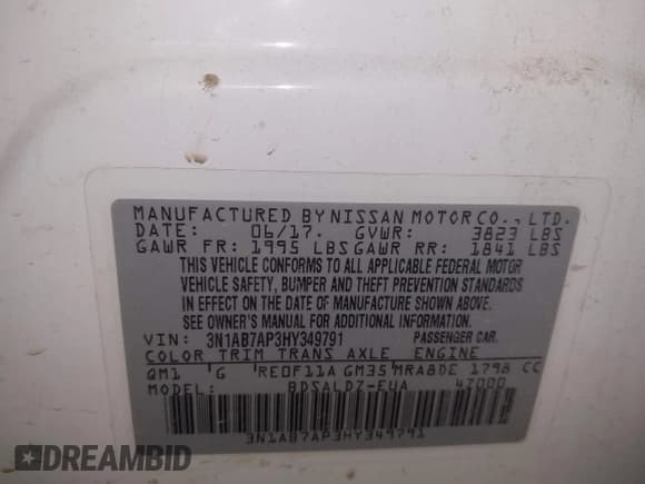 ✅ 2017 Nissan Sentra SL • VIN: 3N1AB7AP3HY349791 • Lot: 42814920. Listed on IAAI with 122,603 mi. Free auction sales archive from the USA and detailed vehicle history report at DreamBid. Image 9.