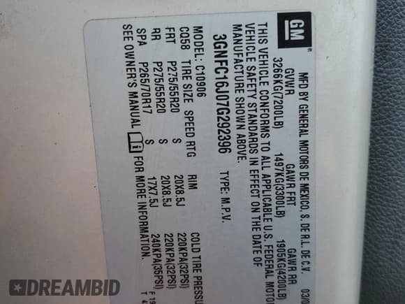 ✅ 2007 Chevrolet Suburban LTZ • VIN: 3GNFC16J07G292396 • Lot: 63480495. Listed on Copart with 290,790 mi. Free auction sales archive from the USA and detailed vehicle history report at DreamBid. Image 13.