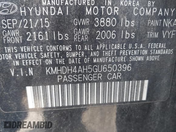 ✅ 2016 Hyundai Elantra Sport • VIN: KMHDH4AH5GU650396 • Lot: 43232167. Listed on IAAI with 111,527 mi. Free auction sales archive from the USA and detailed vehicle history report at DreamBid. Image 9.