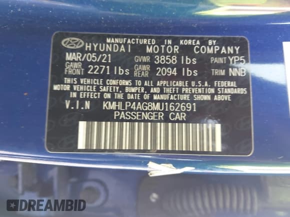 ✅ 2021 Hyundai Elantra Limited • VIN: KMHLP4AG8MU162691 • Lot: 43701212. Listed on IAAI with 46,245 mi. Free auction sales archive from the USA and detailed vehicle history report at DreamBid. Image 9.