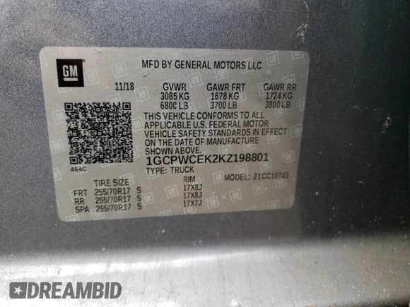 2019 Chevrolet Silverado 1500 LT с VIN 1GCPWCEK2KZ198801, выставлен на аукционе Copart как лот 55265605 с пробегом 78 085 миль миль и Списание • Salvage title. История ставок и продаж доступна на DreamBid. Изображение 12.