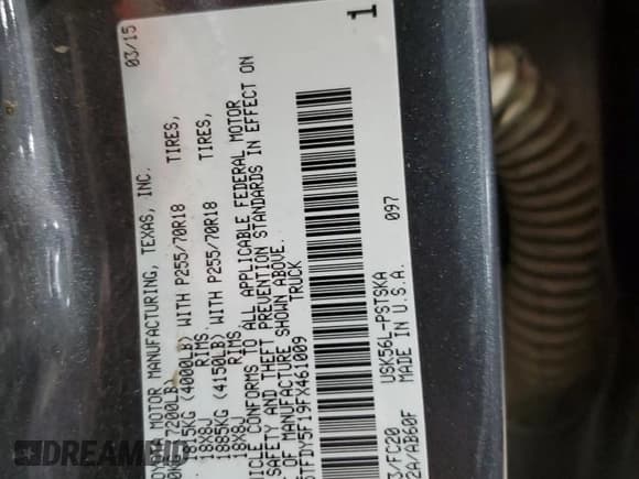 ✅ 2015 Toyota Tundra SR5 • VIN: 5TFDY5F19FX461009 • Lot: 45062725. Listed on Copart with 131,476 mi. Free auction sales archive from the USA and detailed vehicle history report at DreamBid. Image 14.