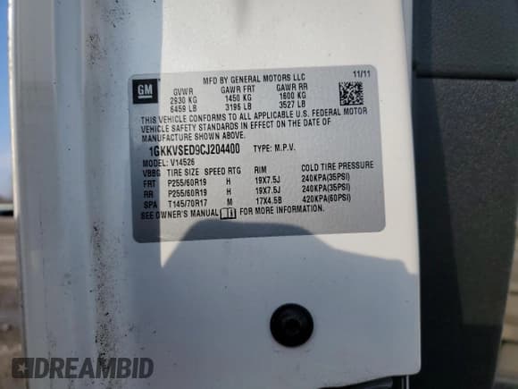 ✅ 2012 GMC Acadia SLT2 • VIN: 1GKKVSED9CJ204400 • Lot: 52155955. Listed on Copart with 131,722 mi. Free auction sales archive from the USA and detailed vehicle history report at DreamBid. Image 14.