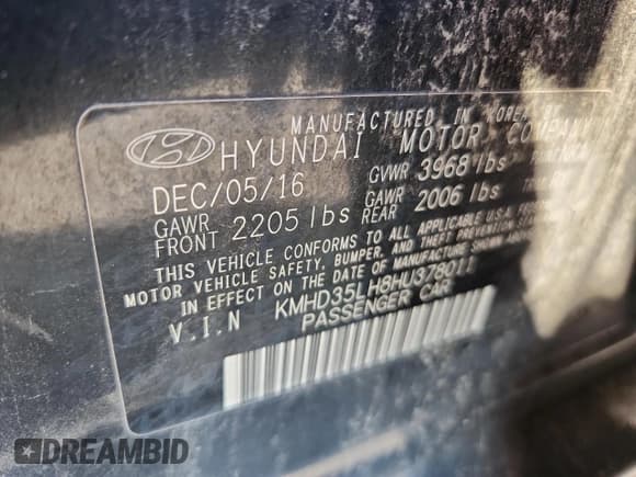 ✅ 2017 Hyundai Elantra • VIN: KMHD35LH8HU378011 • Lot: 67711015. Listed on Copart with 153,678 mi. Free auction sales archive from the USA and detailed vehicle history report at DreamBid. Image 12.