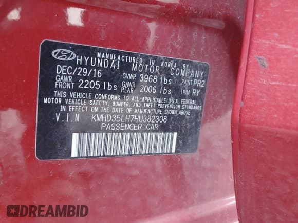 ✅ 2017 Hyundai Elantra • VIN: KMHD35LH7HU382308 • Lot: 90550415. Listed on Copart with Not provided. Free auction sales archive from the USA and detailed vehicle history report at DreamBid. Image 12.