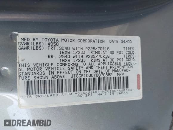 ✅ 2000 Lexus RX 300 • VIN: JT6GF10U0Y0070882 • Лот: 43809034. Опубликован ранее на IAAI с пробегом 165 627 миль. Бесплатный доступ к архиву аукционных продаж из США и подробный отчёт об истории автомобиля на DreamBid. Изображение 9.