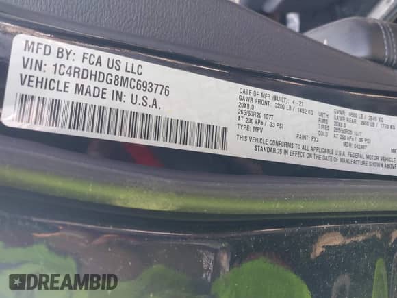 2021 Dodge Durango GT with VIN 1C4RDHDG8MC693776, listed as a IAAI auction lot 41469687 with Not provided miles and . Bid and sale history available at DreamBid. Image 9.