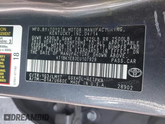 ✅ 2014 Toyota Avalon Limited • VIN: 4T1BK1EB3EU107929 • Lot: 43126942. Listed on IAAI with 108,795 mi. Free auction sales archive from the USA and detailed vehicle history report at DreamBid. Image 9.