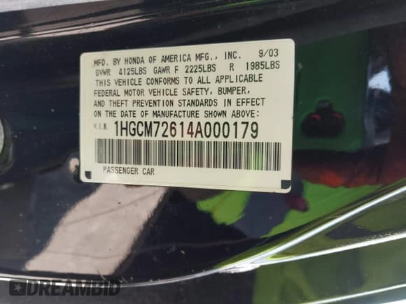 ✅ 2004 Honda Accord EX • VIN: 1HGCM72614A000179 • Lot: 42422163. Listed on IAAI with 155,184 mi. Free auction sales archive from the USA and detailed vehicle history report at DreamBid. Image 9.