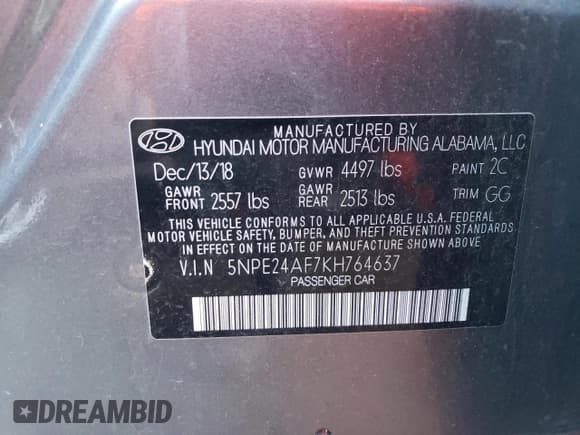 ✅ 2019 Hyundai Sonata SE • VIN: 5NPE24AF7KH764637 • Lot: 42911563. Listed on Copart with Not provided. Free auction sales archive from the USA and detailed vehicle history report at DreamBid. Image 13.