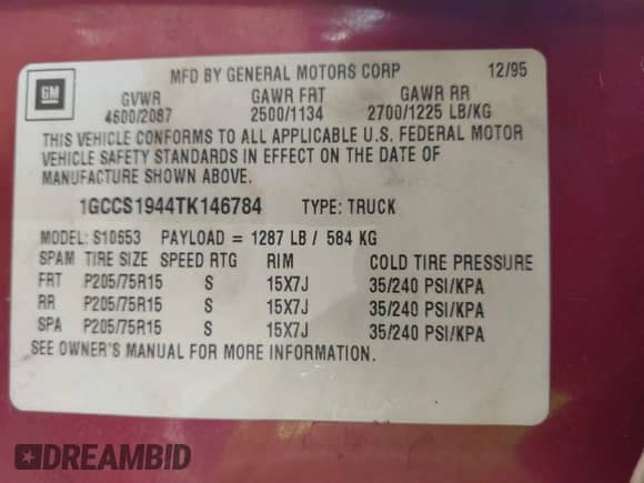 1996 Chevrolet S-10 LS с VIN 1GCCS1944TK146784, выставлен на аукционе IAAI как лот 43156017 с пробегом 338 811 миль миль и . История ставок и продаж доступна на DreamBid. Изображение 9.