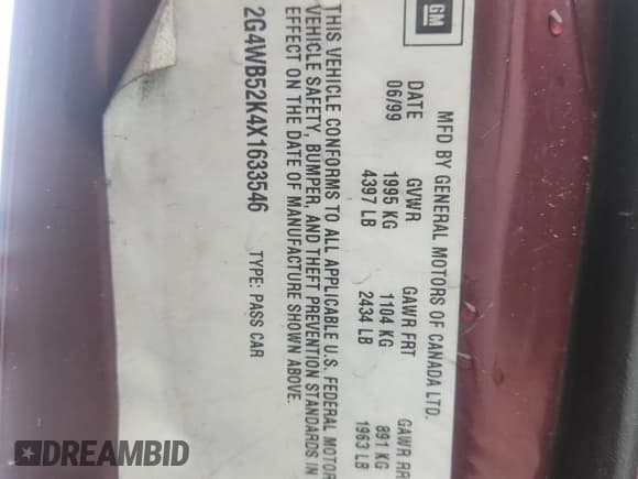 ✅ 1999 Buick Regal LS • VIN: 2G4WB52K4X1633546 • Lot: 85320235. Listed on Copart with Not provided. Free auction sales archive from the USA and detailed vehicle history report at DreamBid. Image 12.