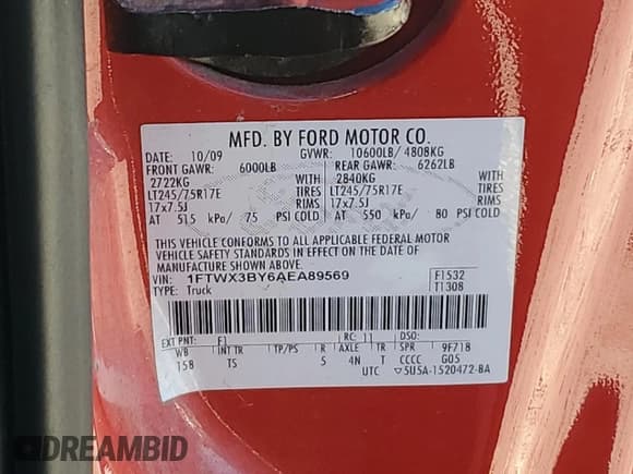 ✅ 2010 Ford F-350 XL • VIN: 1FTWX3BY6AEA89569 • Lot: 80562334. Listed on Copart with 78,462 mi. Free auction sales archive from the USA and detailed vehicle history report at DreamBid. Image 12.